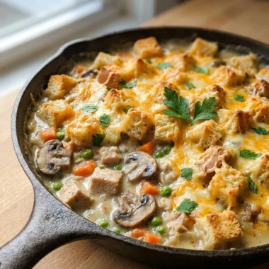 A side angle of a cast iron skillet of turkey pot pie fresh from the oven.