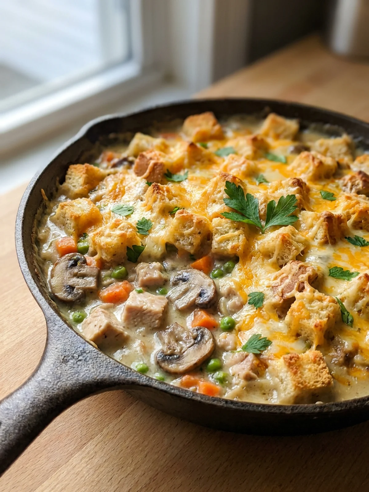 A side angle of a cast iron skillet of turkey pot pie fresh from the oven.