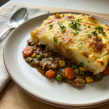 A close-up of the golden-brown mashed potato topping on the finished shepherd's pie.