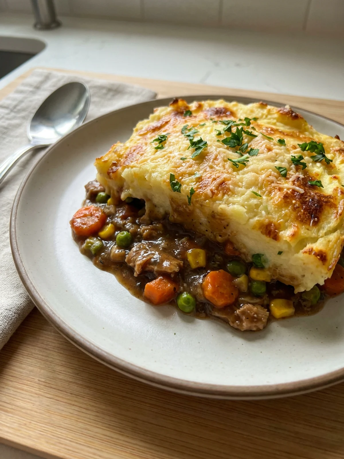A close-up of the golden-brown mashed potato topping on the finished shepherd's pie.