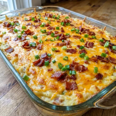 A large spoon scooping a serving of cheesy mashed potato casserole from the dish.