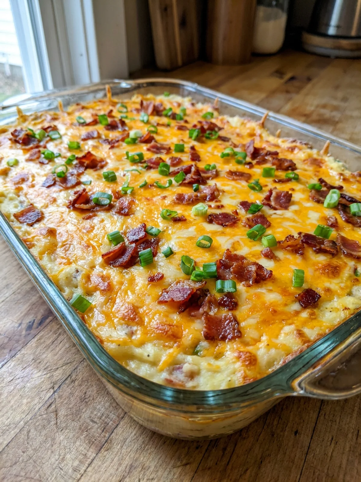 A large spoon scooping a serving of cheesy mashed potato casserole from the dish.