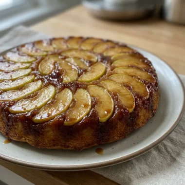 A whole maple apple upside-down cake on a platter, showing the glossy, caramelized apple topping.