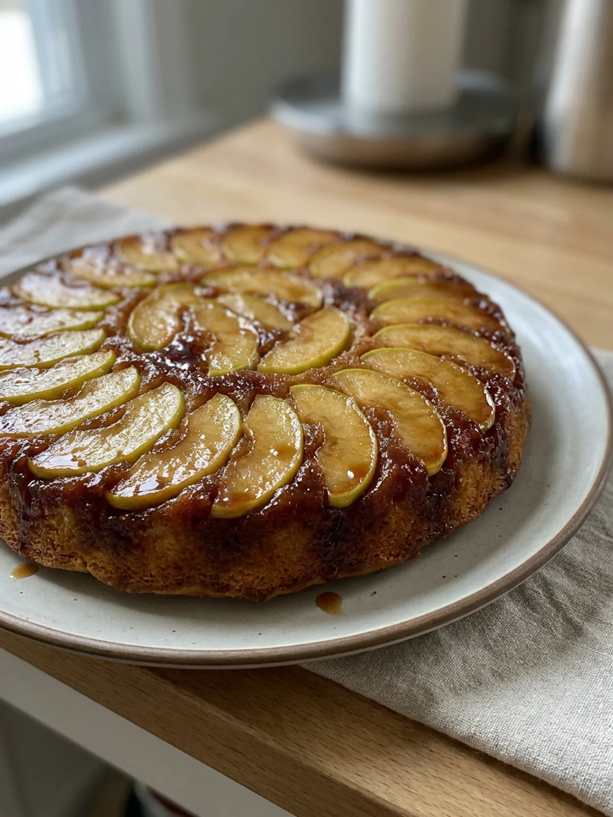 A whole maple apple upside-down cake on a platter, showing the glossy, caramelized apple topping.