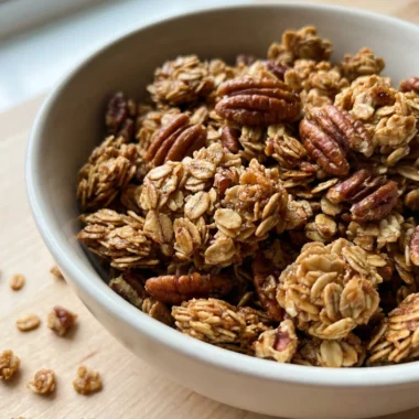 Golden brown maple pecan granola spread out on a baking sheet to cool.