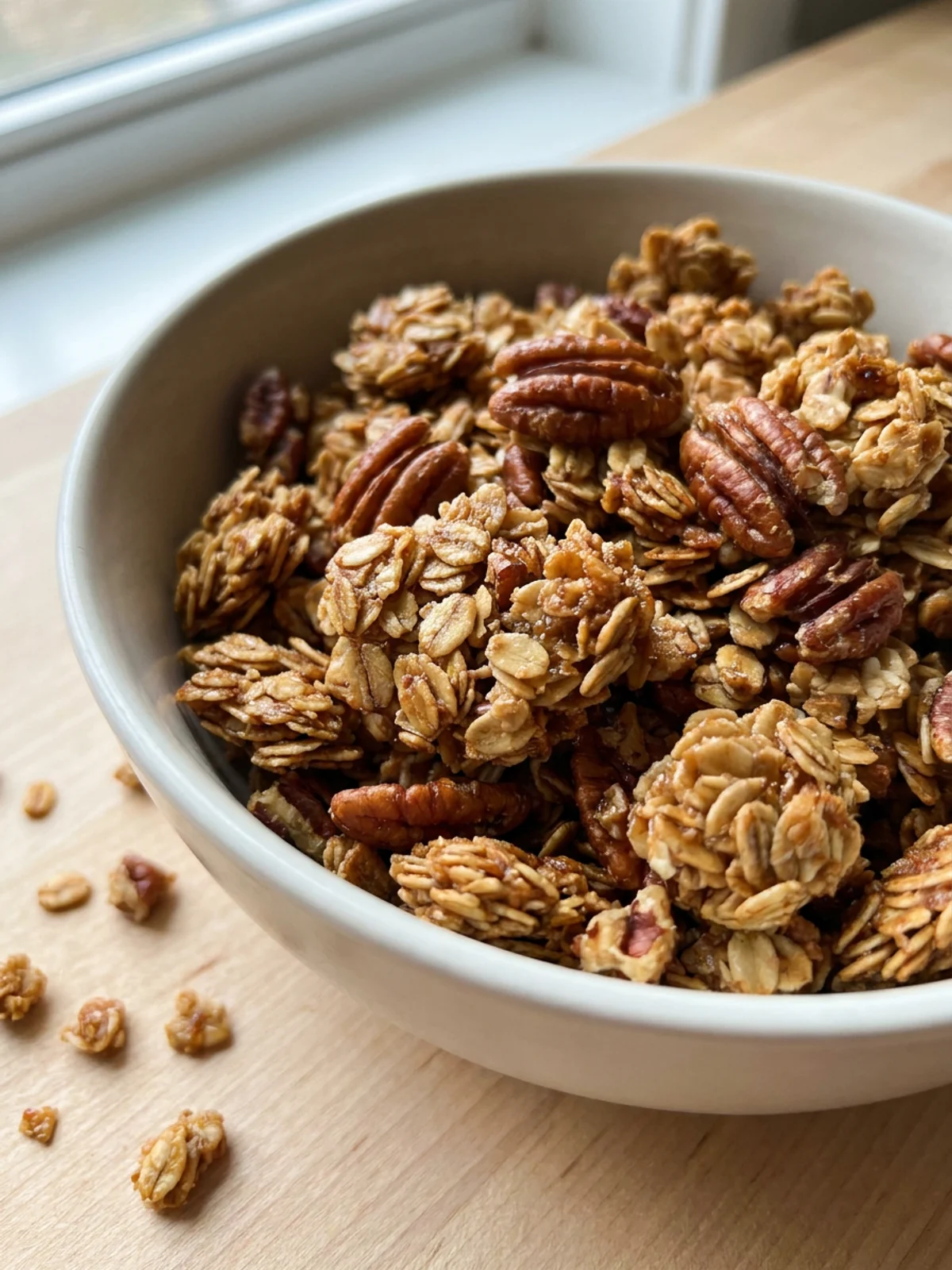Golden brown maple pecan granola spread out on a baking sheet to cool.