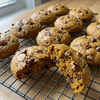 A close-up of several pumpkin breakfast cookies stacked on a small white plate.