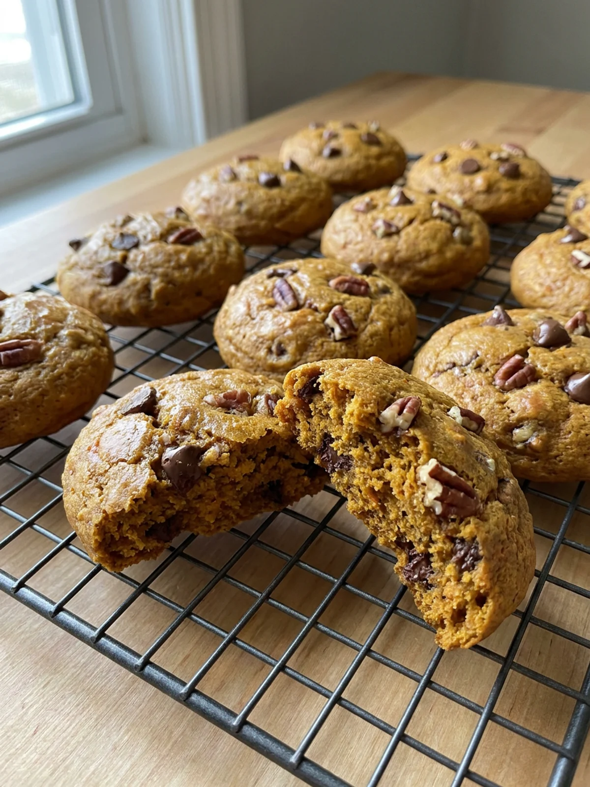 A close-up of several pumpkin breakfast cookies stacked on a small white plate.