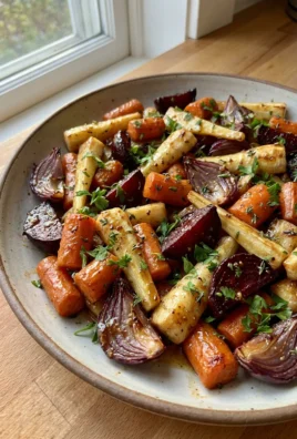 A white platter filled with caramelized maple roasted root vegetables with parsley.