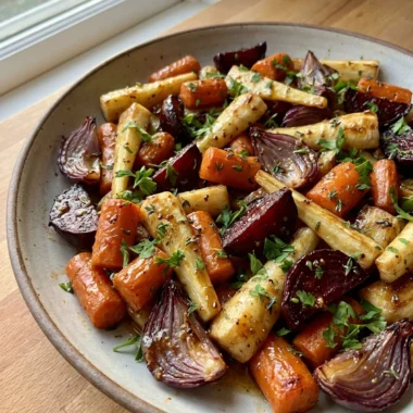 A white platter filled with caramelized maple roasted root vegetables with parsley.