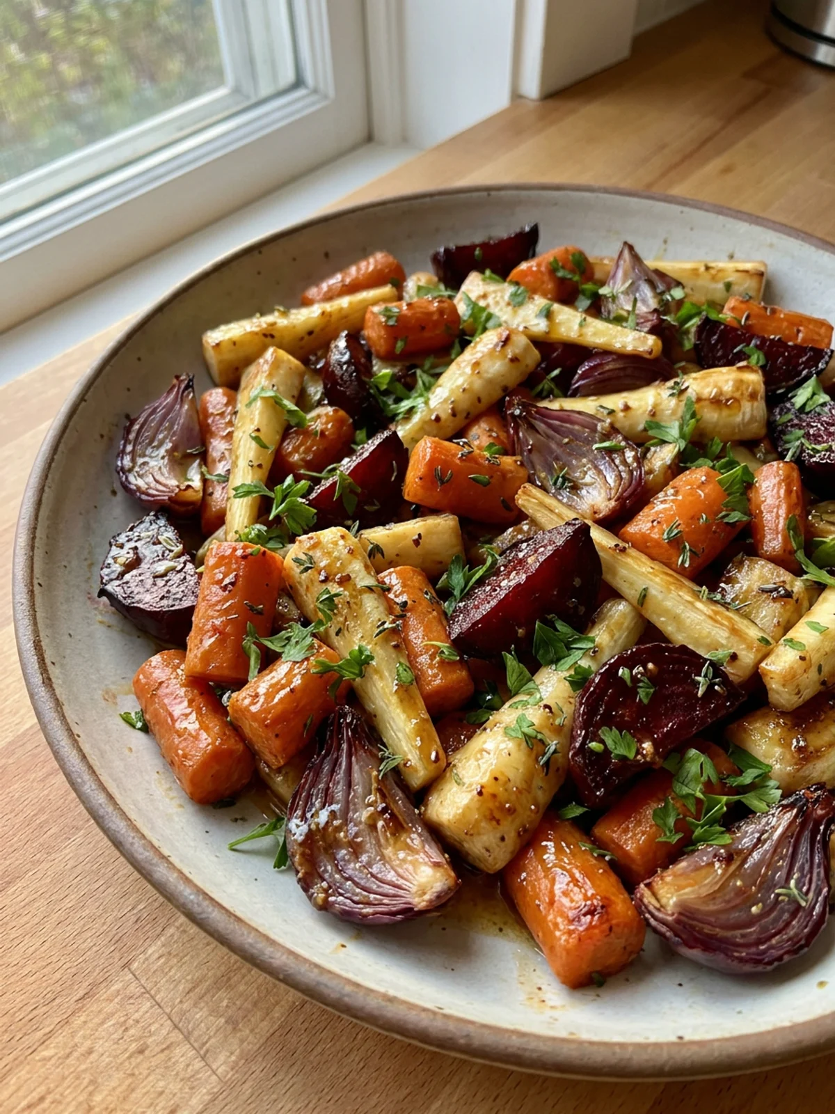 A white platter filled with caramelized maple roasted root vegetables with parsley.