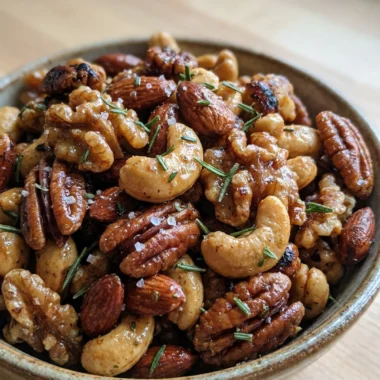 An overhead shot of the ingredients for spiced nuts arranged on a wooden surface.
