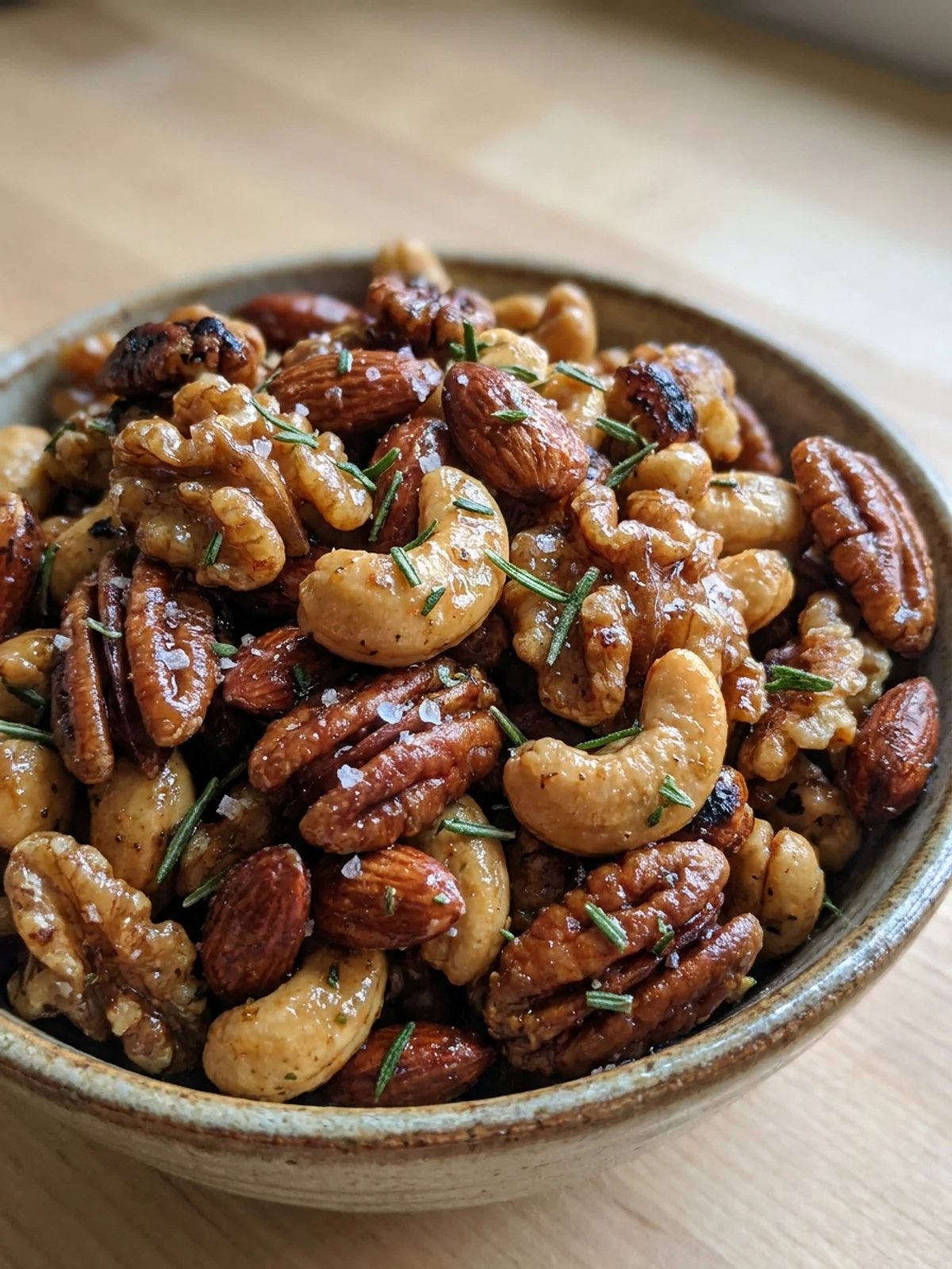 An overhead shot of the ingredients for spiced nuts arranged on a wooden surface.