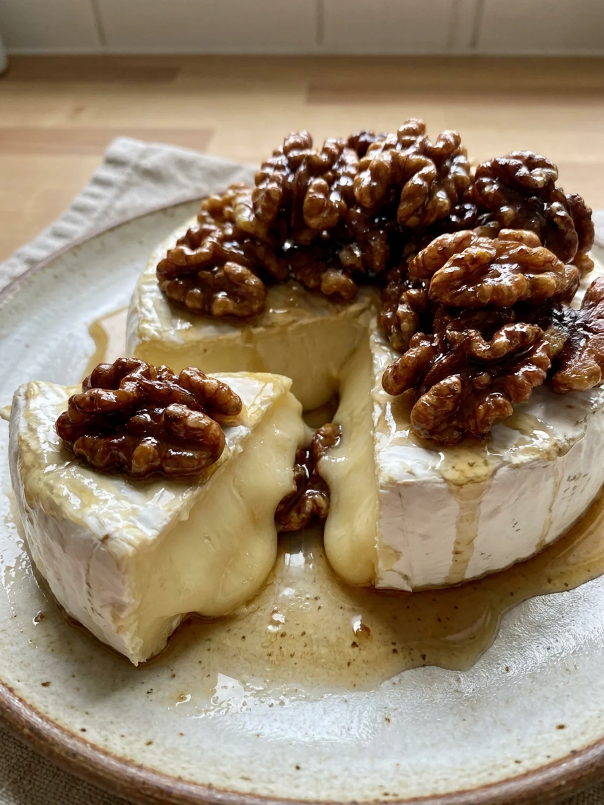 Close-up of gooey baked brie with crunchy maple-glazed walnuts on top.