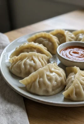 A close-up of steamed chicken momos on a white plate with a side of sauce.
