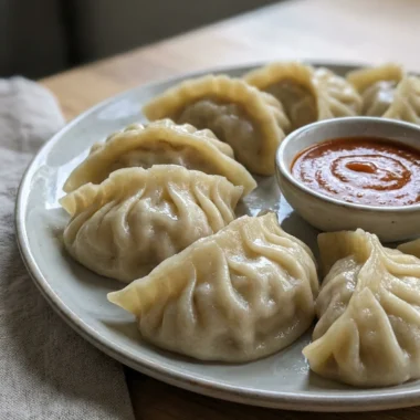 A close-up of steamed chicken momos on a white plate with a side of sauce.