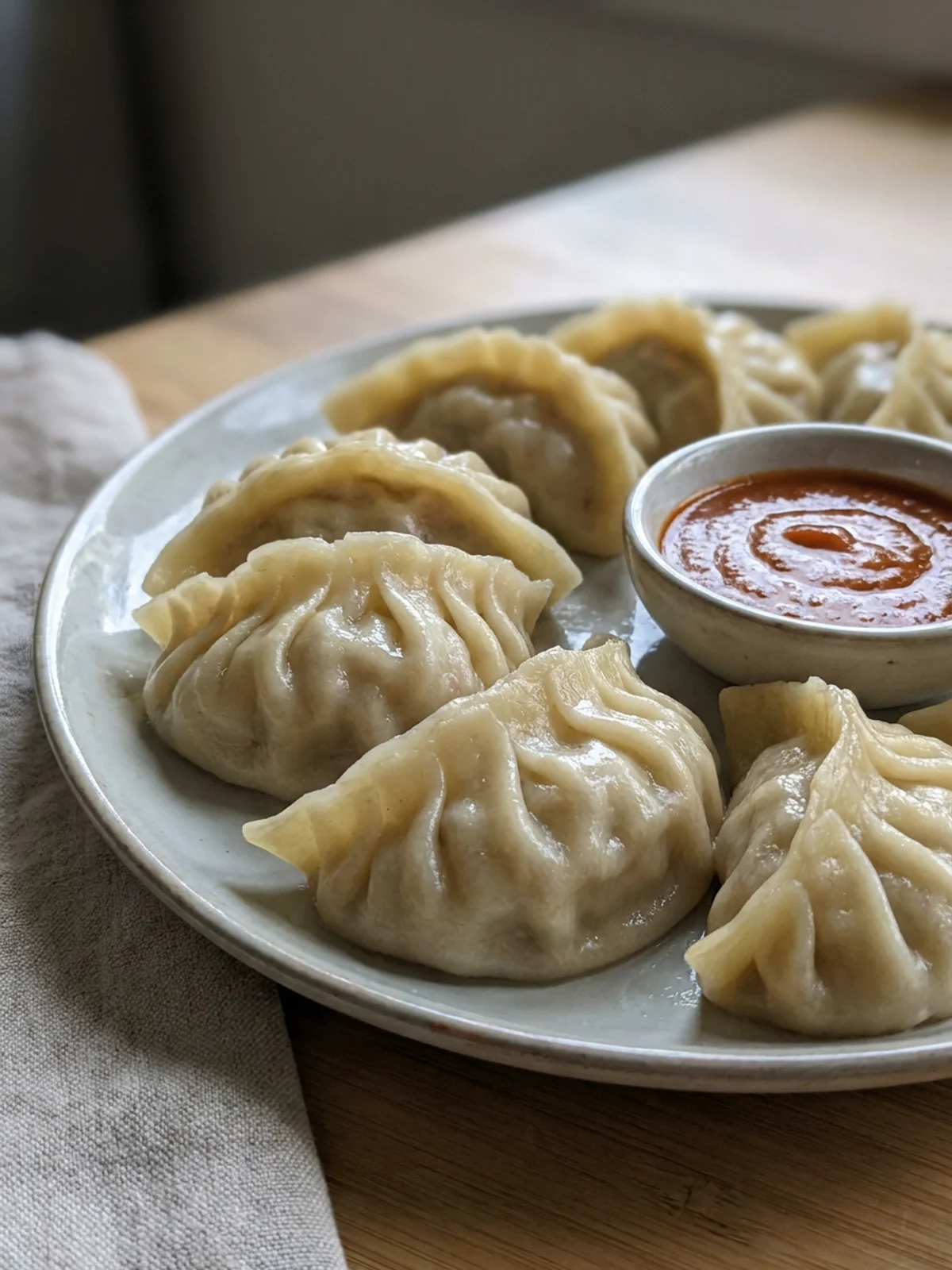 A close-up of steamed chicken momos on a white plate with a side of sauce.