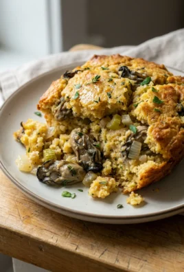 A serving spoon lifting a scoop of golden oyster cornbread stuffing from a casserole dish.