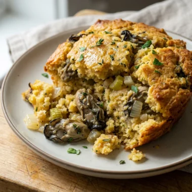 A serving spoon lifting a scoop of golden oyster cornbread stuffing from a casserole dish.