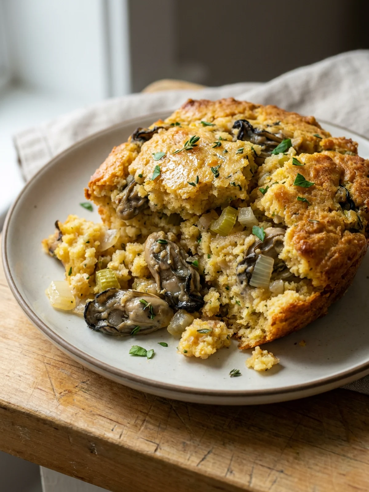 A serving spoon lifting a scoop of golden oyster cornbread stuffing from a casserole dish.