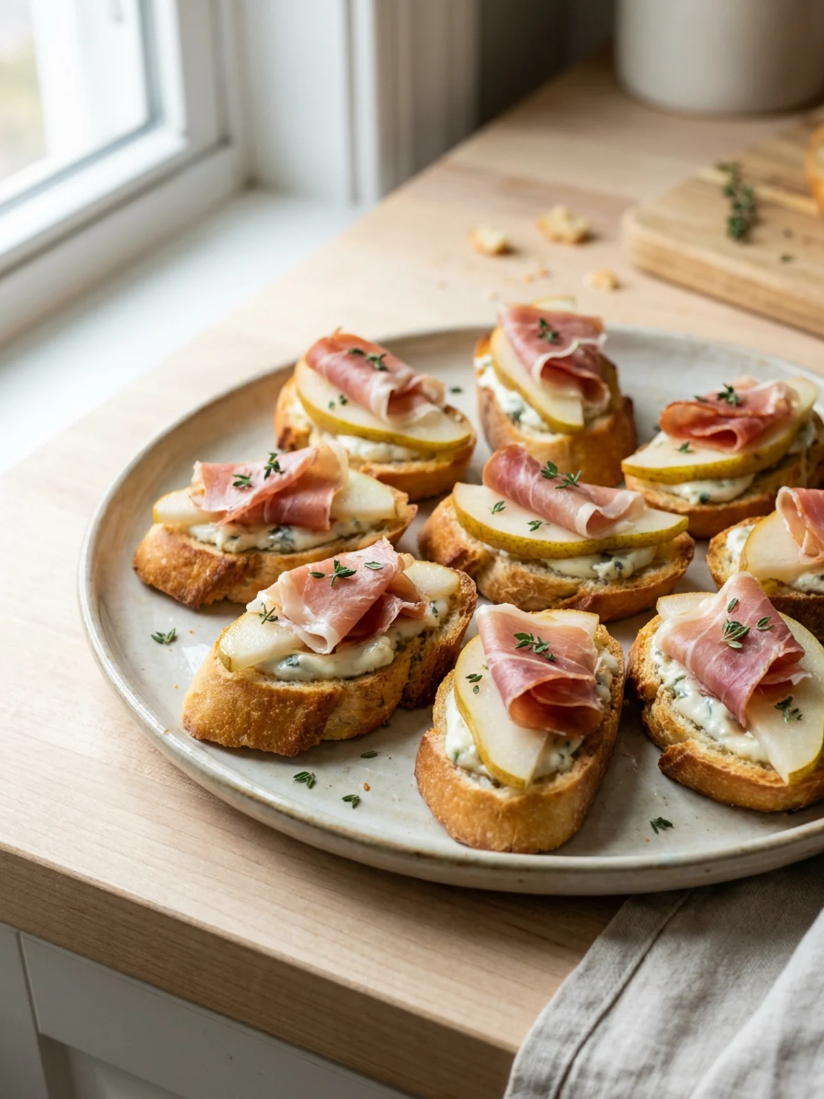 A close-up of a single pear and prosciutto crostini on a white plate.