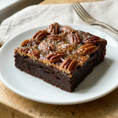 Several pecan pie brownies stacked on parchment paper, showing the gooey topping and fudgy base.