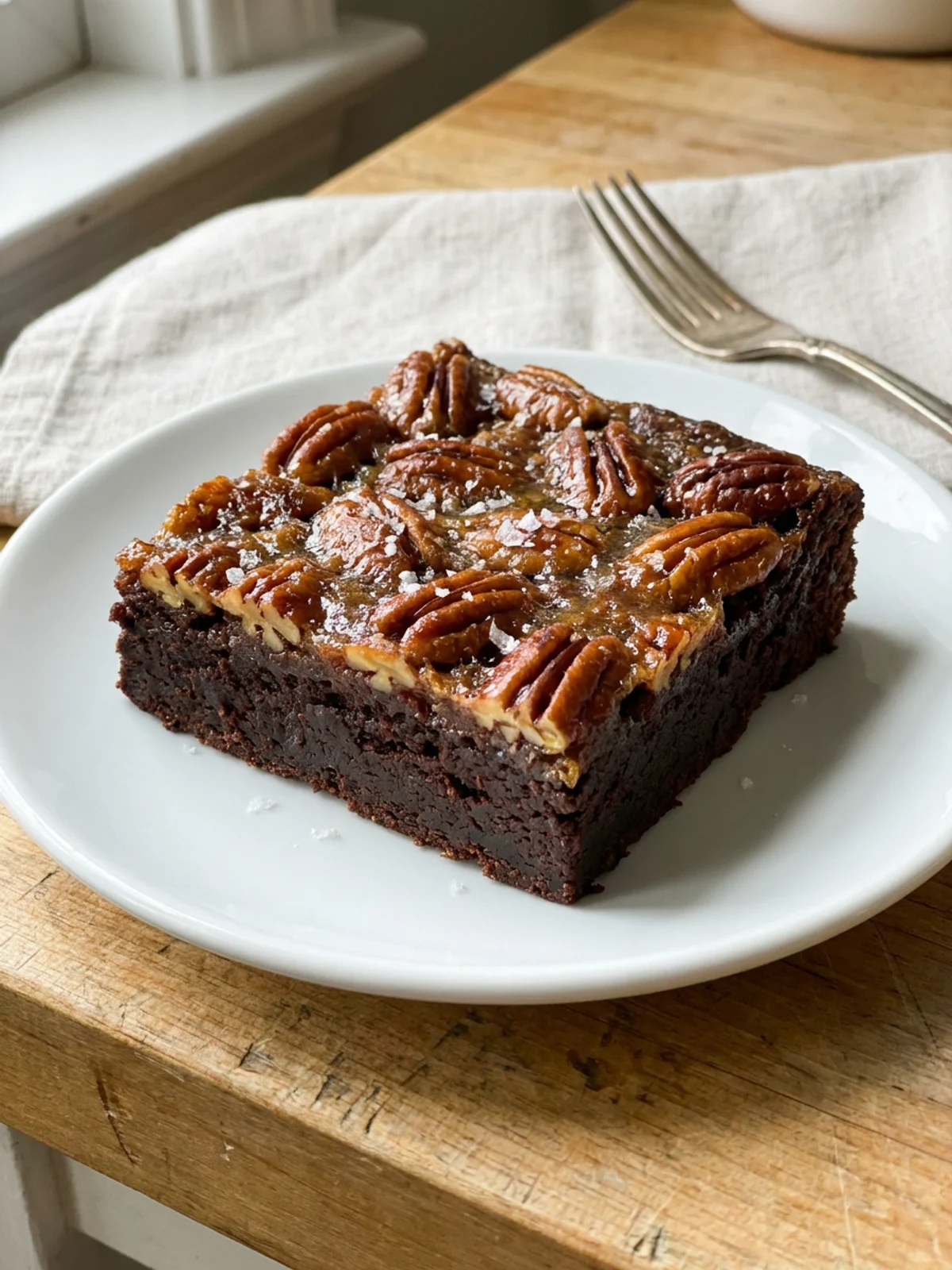 Several pecan pie brownies stacked on parchment paper, showing the gooey topping and fudgy base.