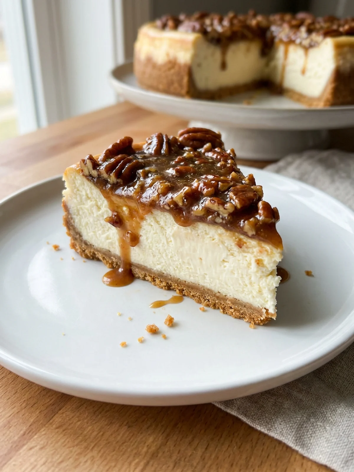 A close-up of a slice of pecan pie cheesecake with a gooey pecan topping dripping down the side.
