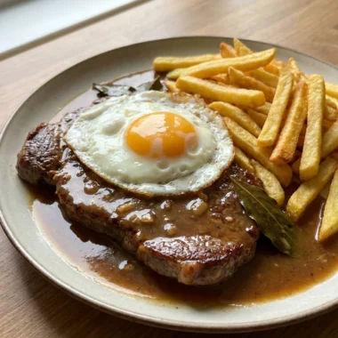 A close-up of a steak topped with a runny yolk egg and a glossy sauce.