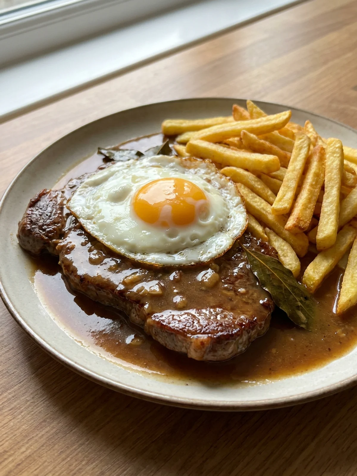 A close-up of a steak topped with a runny yolk egg and a glossy sauce.