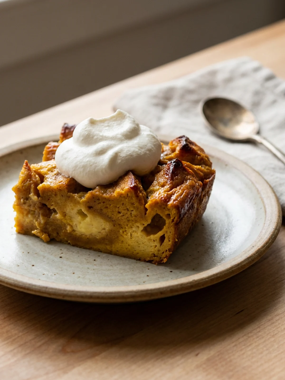 A square slice of pumpkin bread pudding topped with whipped cream on a small plate.