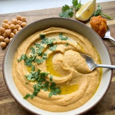 A close-up of a ceramic bowl filled with creamy pumpkin hummus with a swirl on top.