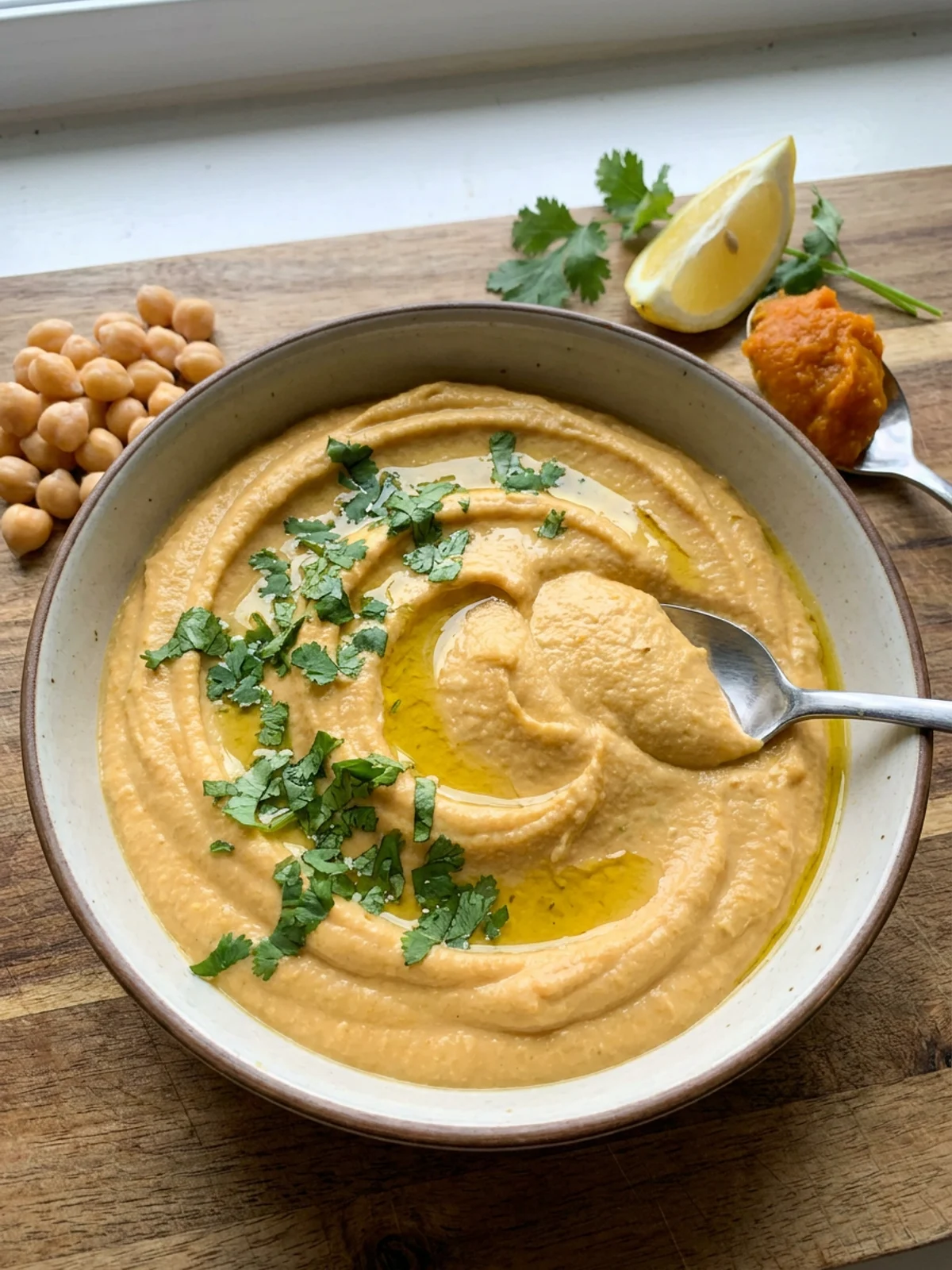 A close-up of a ceramic bowl filled with creamy pumpkin hummus with a swirl on top.