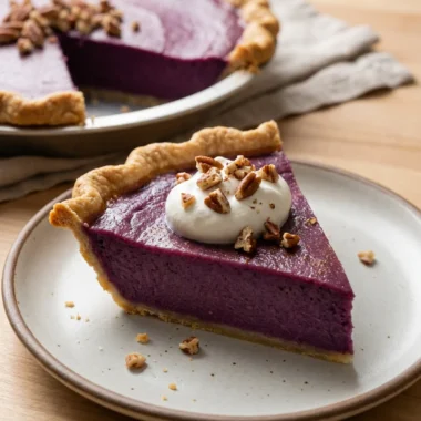 A slice of purple pie on a white plate, topped with cream and nuts.