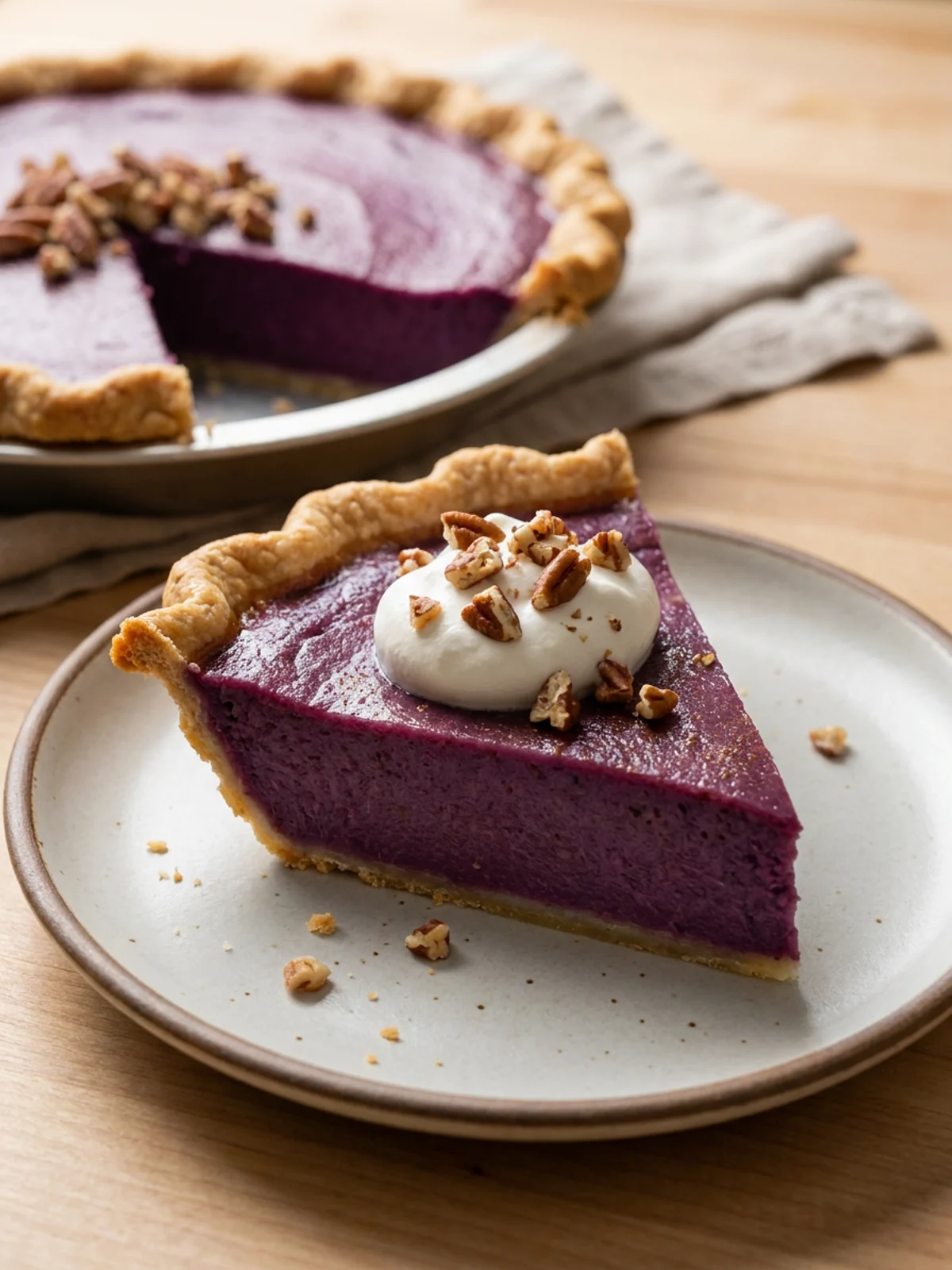 A slice of purple pie on a white plate, topped with cream and nuts.