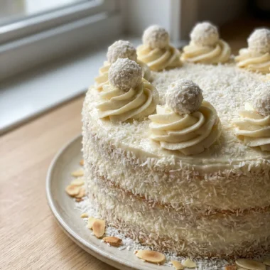 A whole Raffaello cake on a white plate against a clean background.