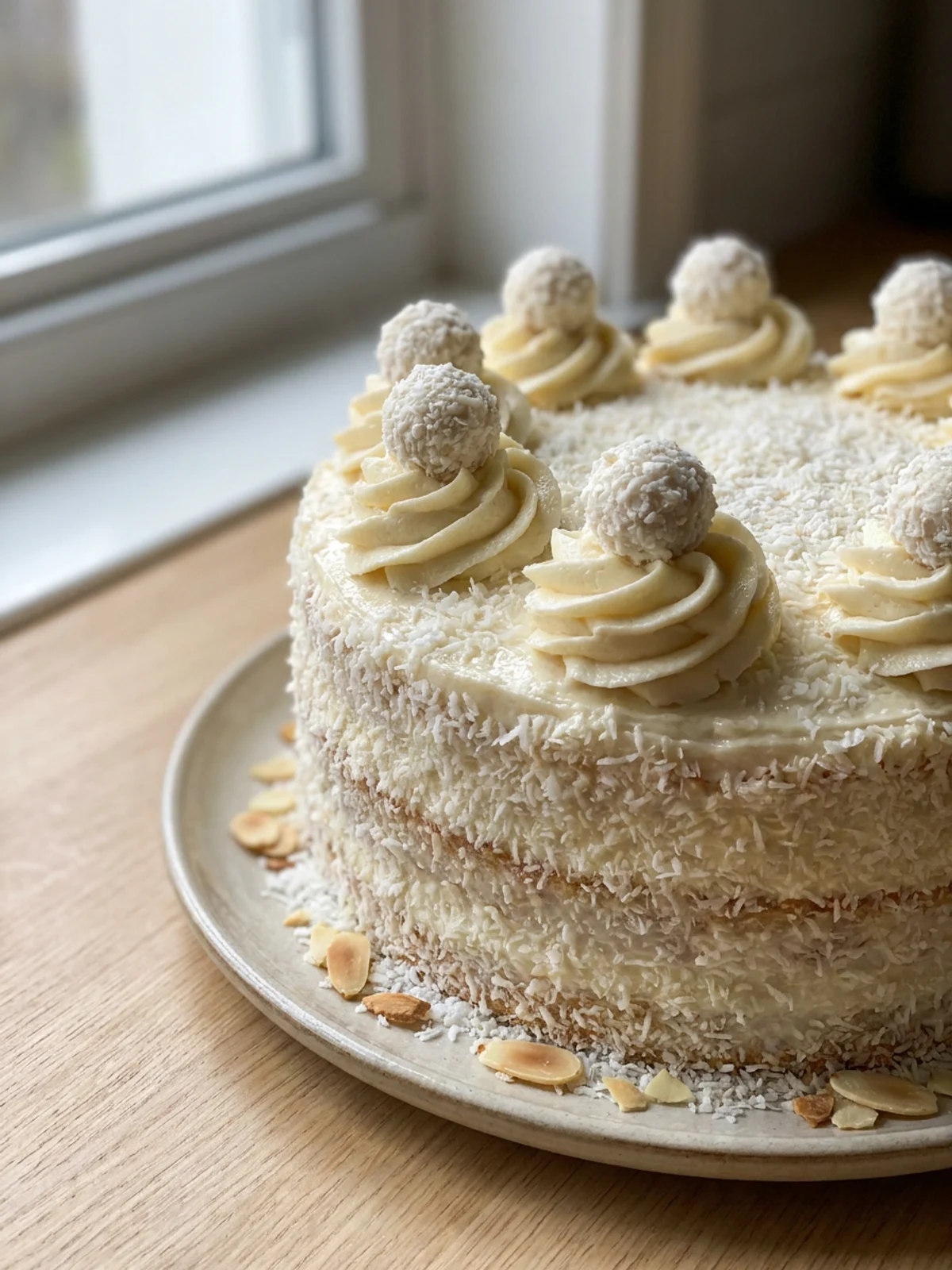 A whole Raffaello cake on a white plate against a clean background.