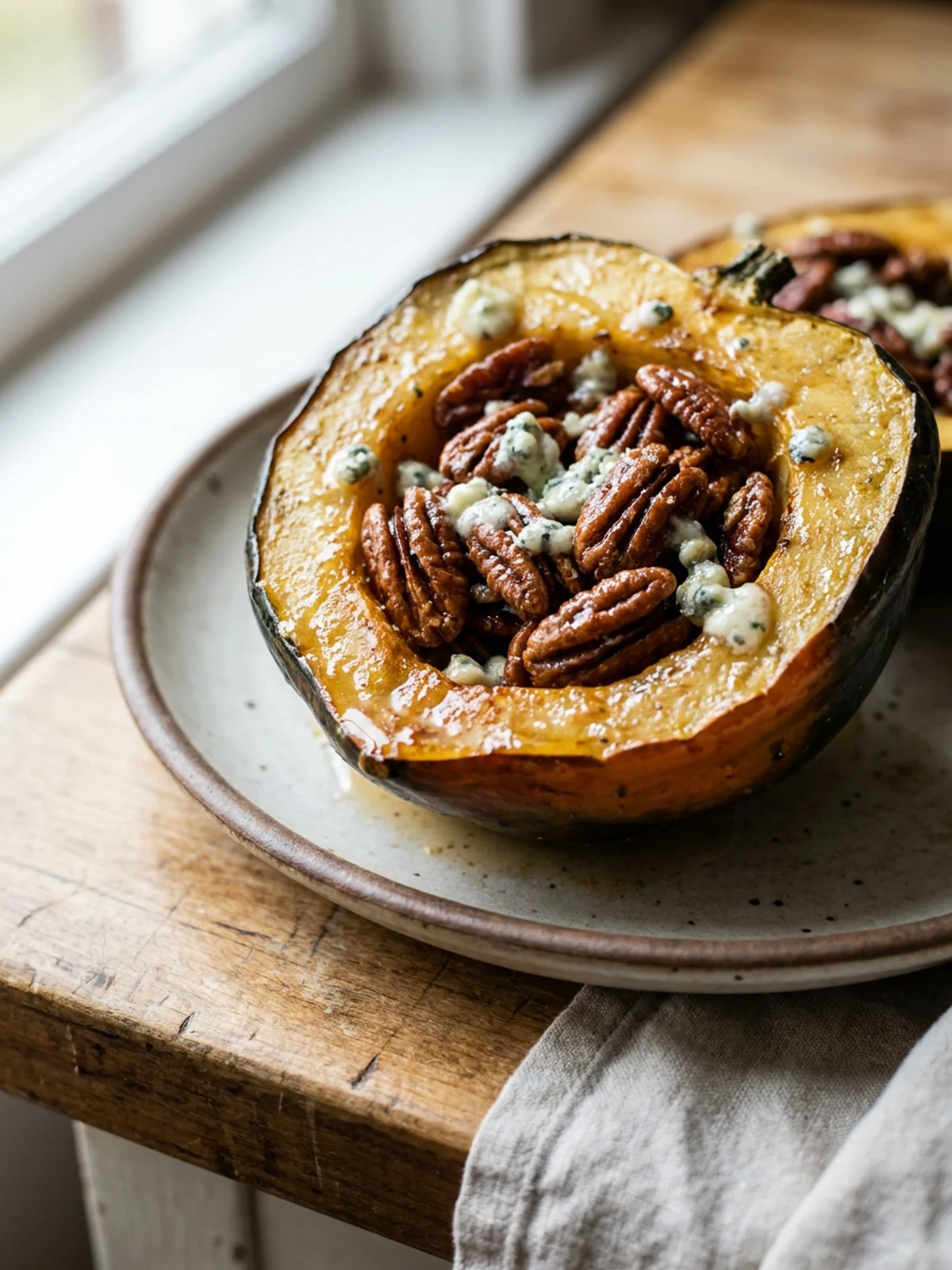 A close-up of a roasted acorn squash with maple pecans on a white plate.