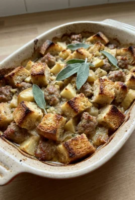 A scoop of baked sourdough stuffing with visible pieces of apple and sausage.