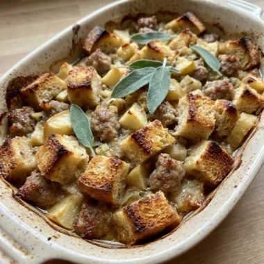 A scoop of baked sourdough stuffing with visible pieces of apple and sausage.