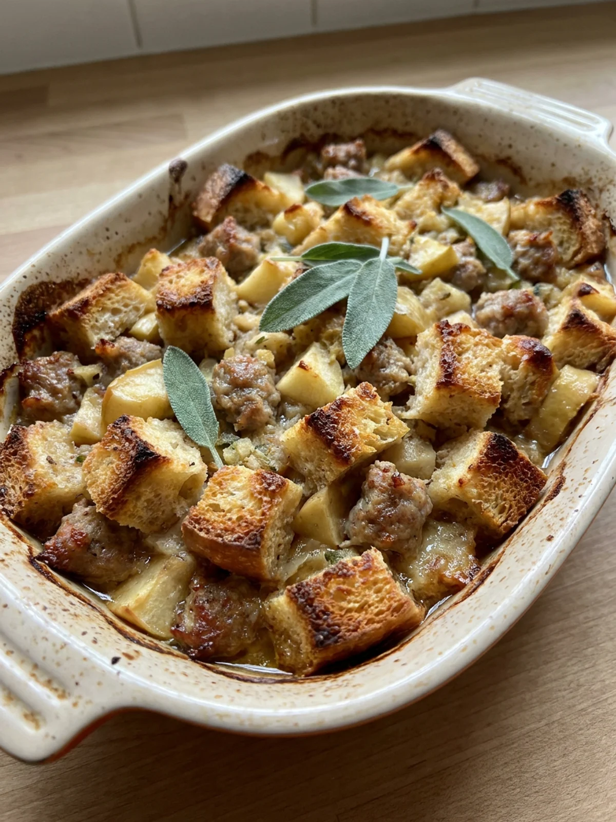 A scoop of baked sourdough stuffing with visible pieces of apple and sausage.