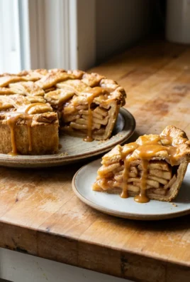 Side view of a pie slice revealing distinct layers of baked apples and caramel sauce.