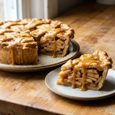 Side view of a pie slice revealing distinct layers of baked apples and caramel sauce.