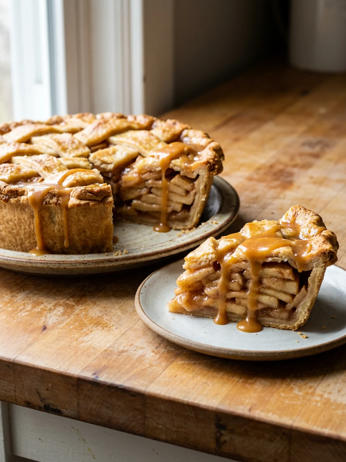 Side view of a pie slice revealing distinct layers of baked apples and caramel sauce.