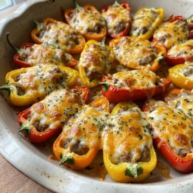 A close-up shot of baked sausage stuffed mini peppers with melted cheese topping.