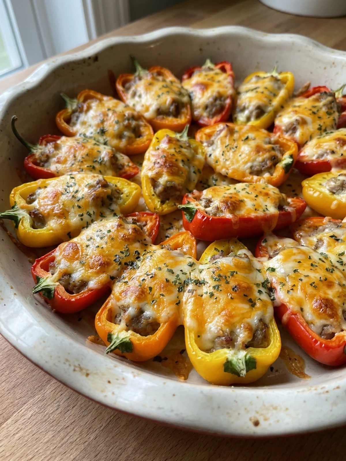 A close-up shot of baked sausage stuffed mini peppers with melted cheese topping.
