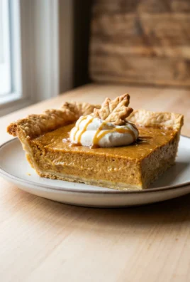 Close-up of a rectangular slice of pumpkin pie showing the flaky crust and creamy filling.