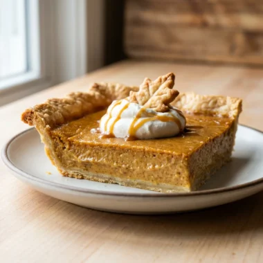 Close-up of a rectangular slice of pumpkin pie showing the flaky crust and creamy filling.