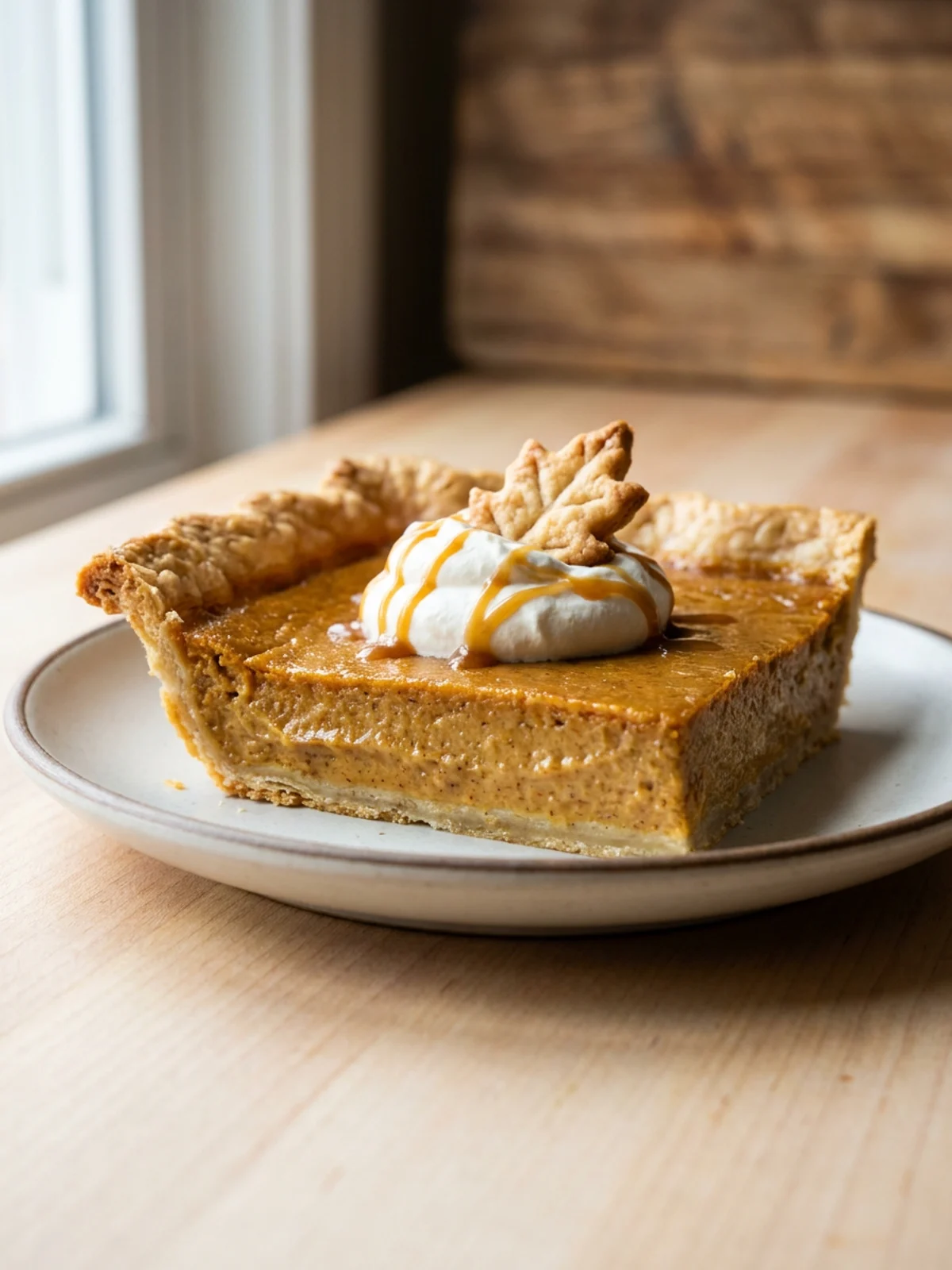 Close-up of a rectangular slice of pumpkin pie showing the flaky crust and creamy filling.
