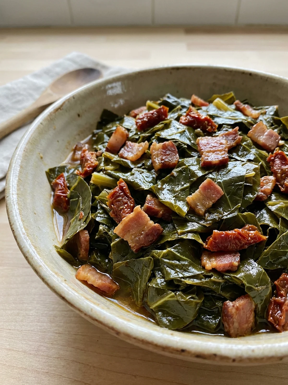 A close-up shot of cooked collard greens with pieces of bacon in a white bowl.